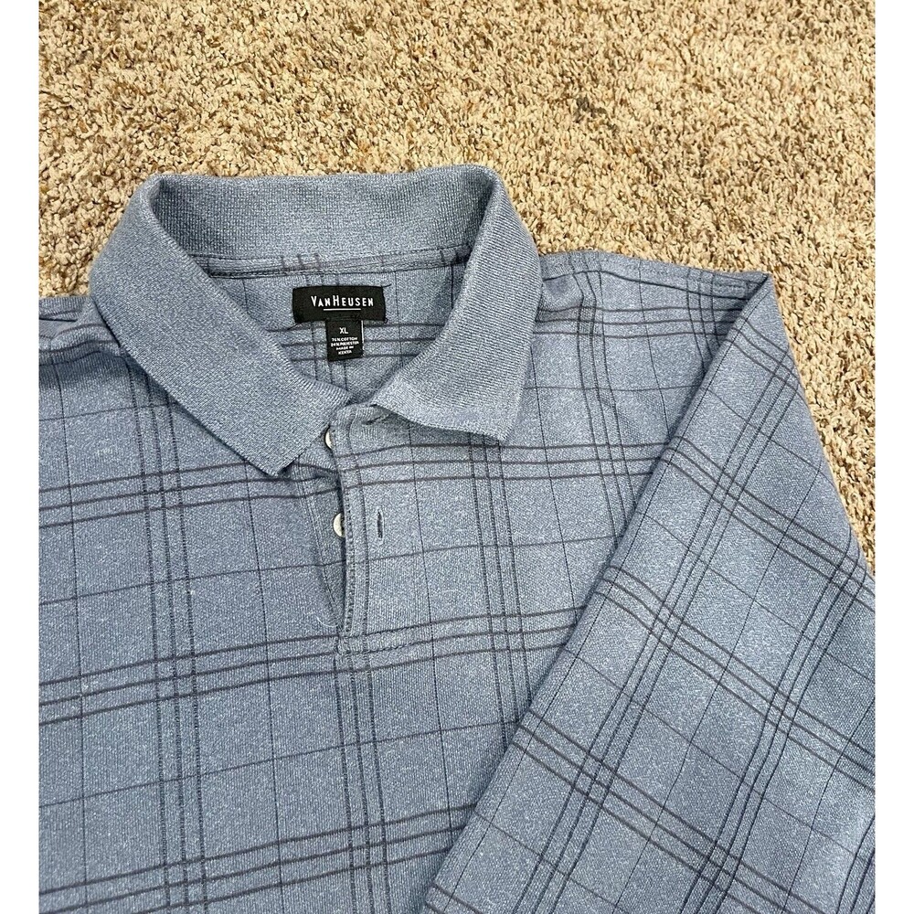 Van Heusen Men’s Long Sleeve Polo XL Gray Blue Plaid Cotton Blend - Picture 1 of 4